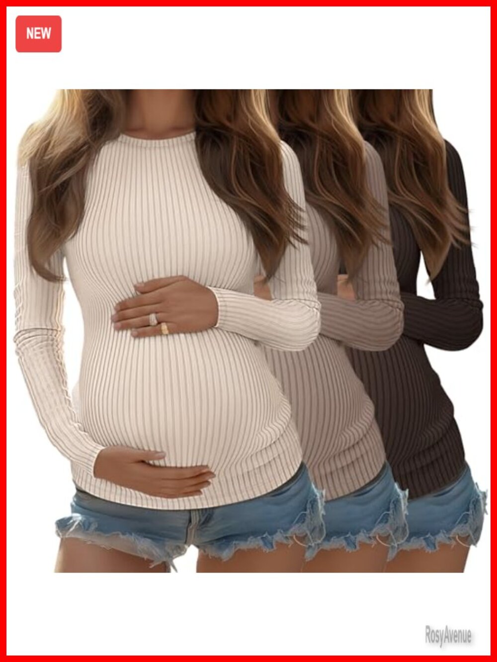 Ribbed Knit Maternity Tunic Shirts 3 Pack Long Sleeve Crew Neck Pregnancy Tops